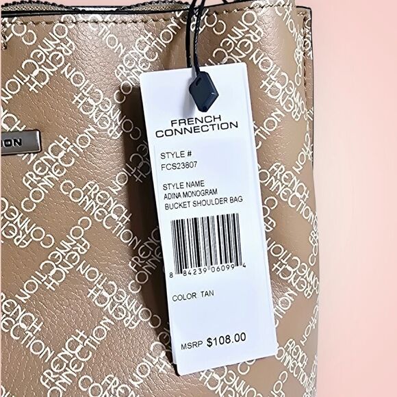 French Connection ADINA Monogram Bucket Shoulder Bag Tan NWT $108 MSRP - Picture 8 of 12